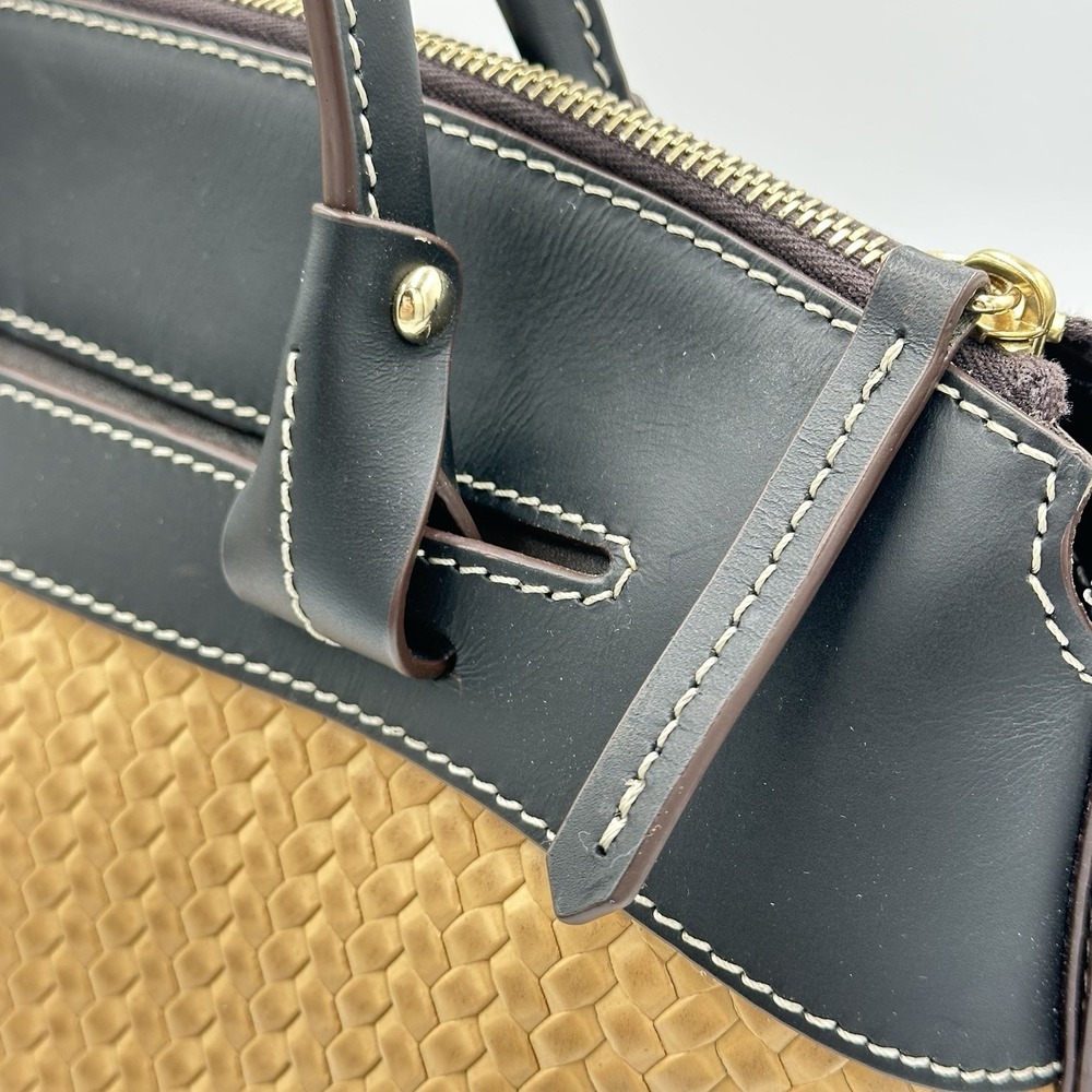 Dooney Bourke Beacon Black Brown Smooth Leather Woven Embossed Domed Satchel Bag - Picture 8 of 16